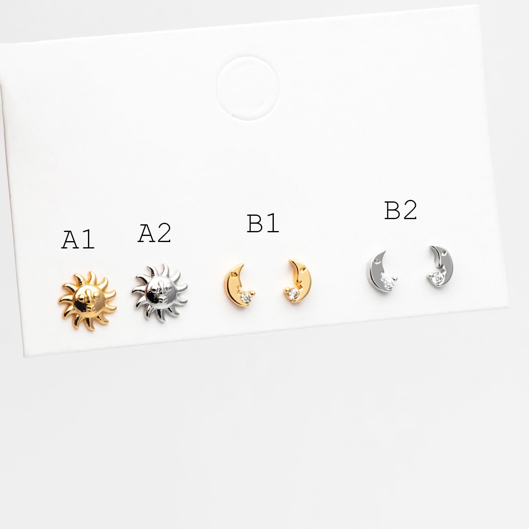 10pcs Gold/ Silver Tone Sun Moon Face Earrings, Real Gold/ Rhodium Plated Brass Stud Earrings (#GB-4760)