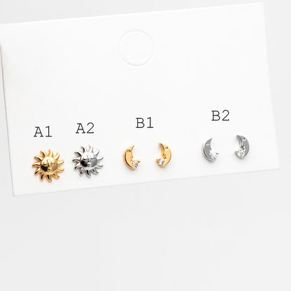10pcs Gold/ Silver Tone Sun Moon Face Earrings, Real Gold/ Rhodium Plated Brass Stud Earrings (#GB-4760)