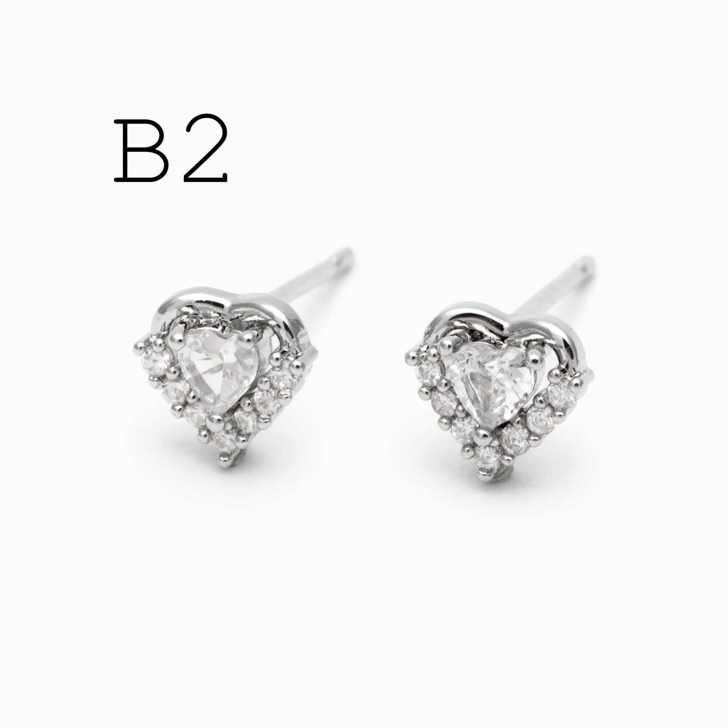 4pcs CZ Pave Heart Ear Posts, Gold Plated Brass Stud Earrings, Jewelry Findings, Wholesale Supplies (GB-3115)
