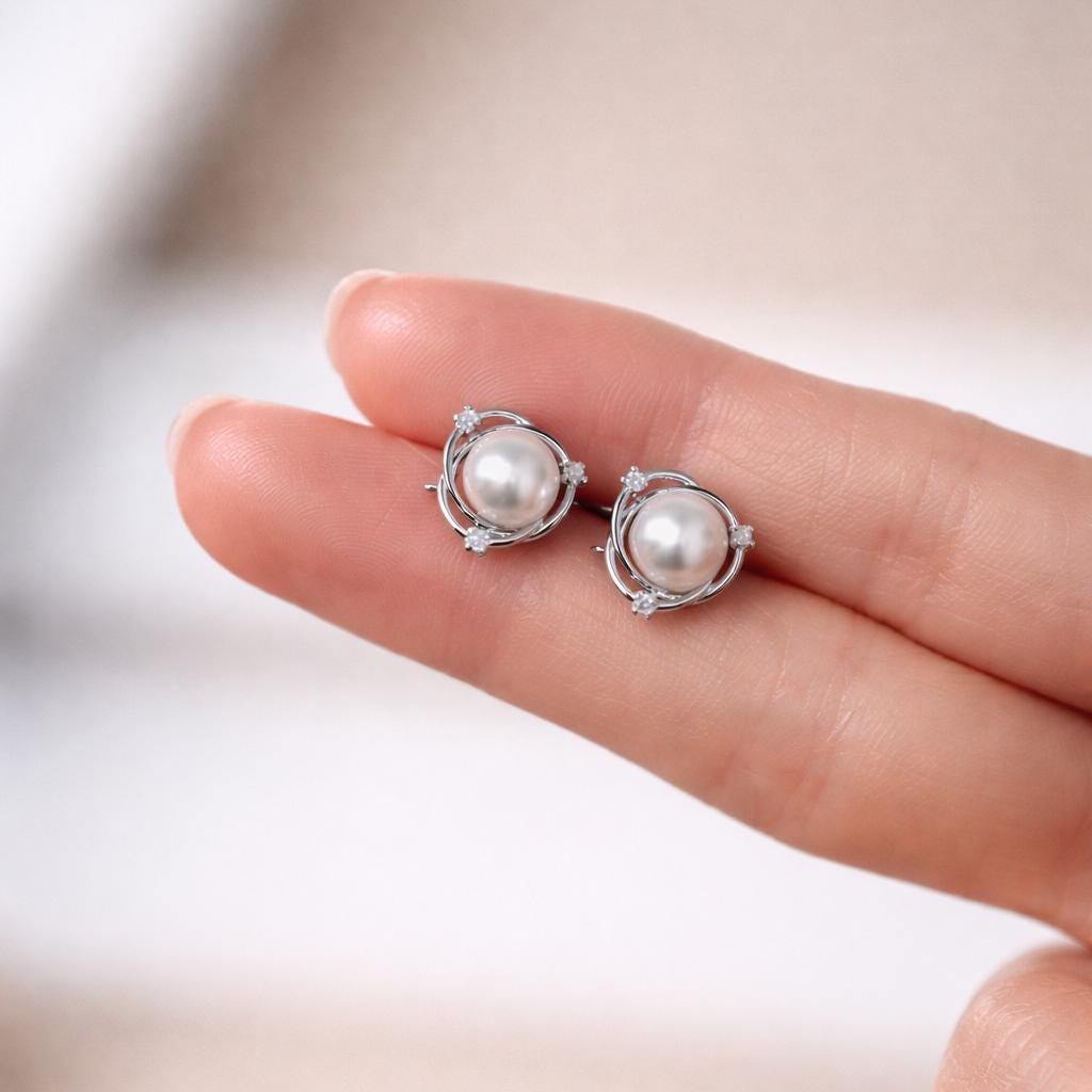 4pcs Glass Pearl Stud Earring With loop, 18K Gold/ Rhodium plated Brass (GB-2284)