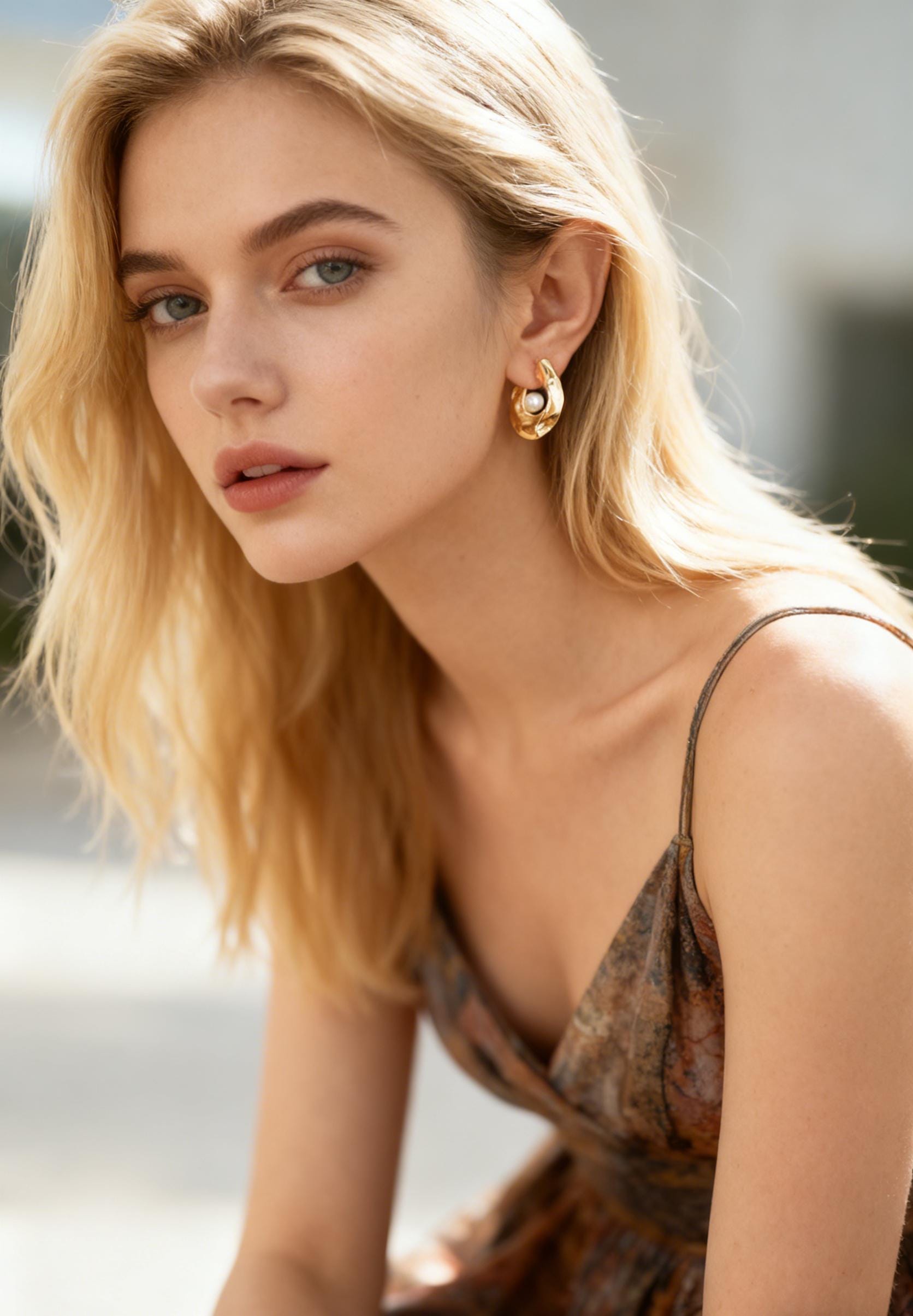 4pcs Gold Hammered Hoop Earrings with Glass Pearl (GB-2062)