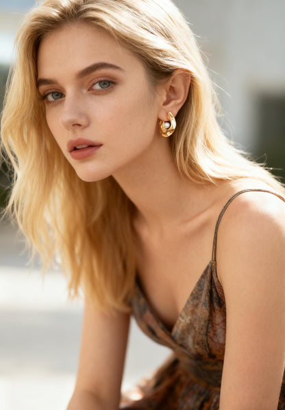 4pcs Gold Hammered Hoop Earrings with Glass Pearl (GB-2062)