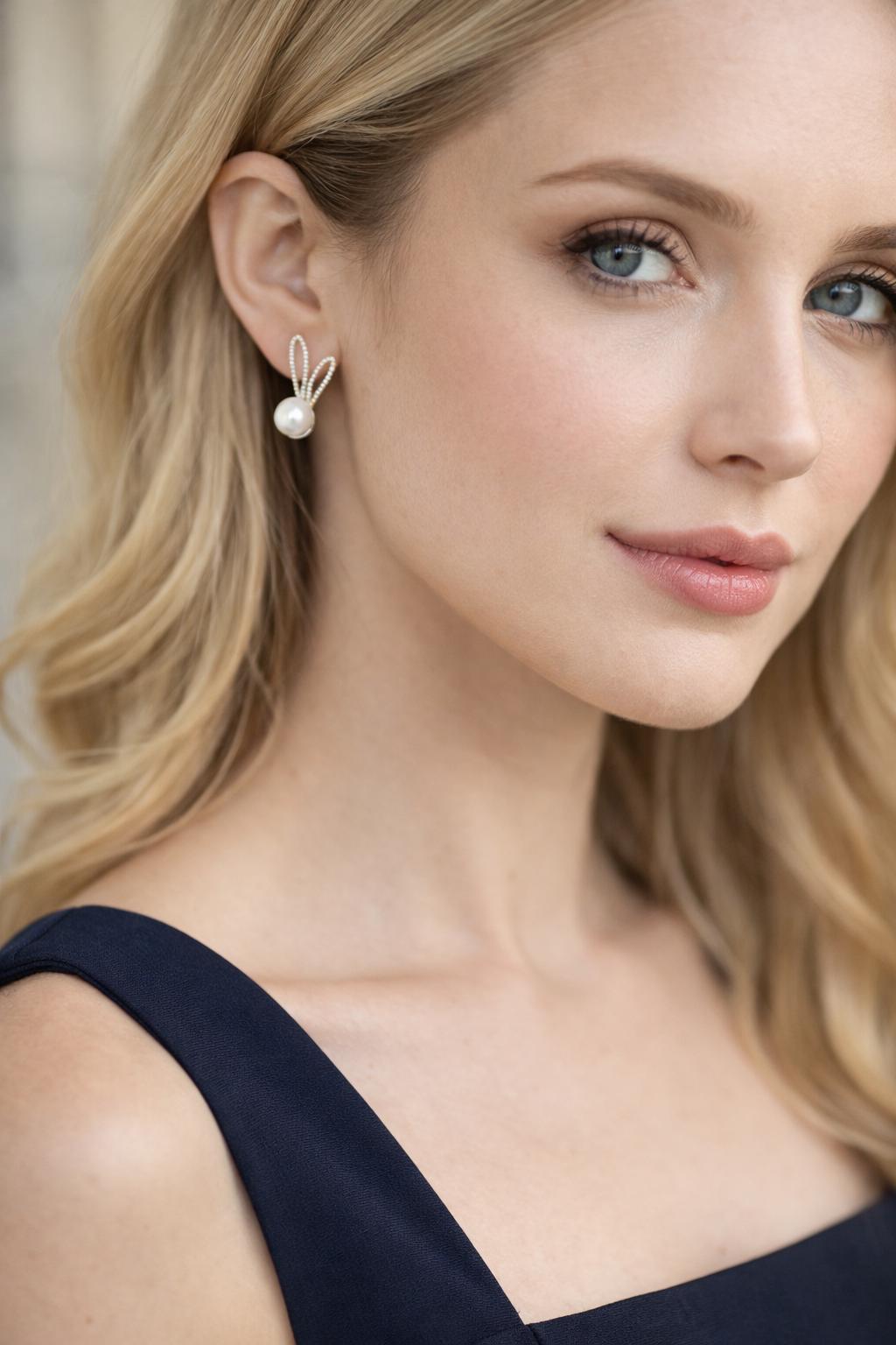 4pcs CZ Pave Rabbit Ear Posts, Bunny Stud Earrings, Pearl Peg Earring Mounts, Half Drilled Pearl Earring Settings (#GB-1776)