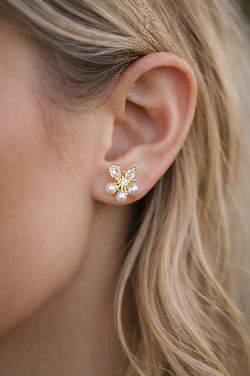 4pcs Faux Pearl Flower Stud Earrings, CZ Pave Earring, 18K Gold plated (GB-1728)