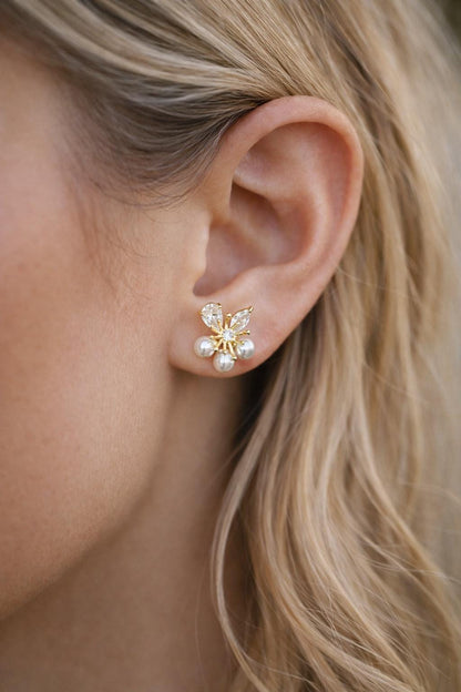 4pcs Faux Pearl Flower Stud Earrings, CZ Pave Earring, 18K Gold plated (GB-1728)