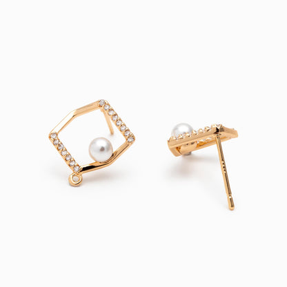 10pcs CZ pave Irregular Earring with loop 15x14mm, Pearl Peg Earring Mounts,Half Drilled Pearl Earring Settings (GB-1542)