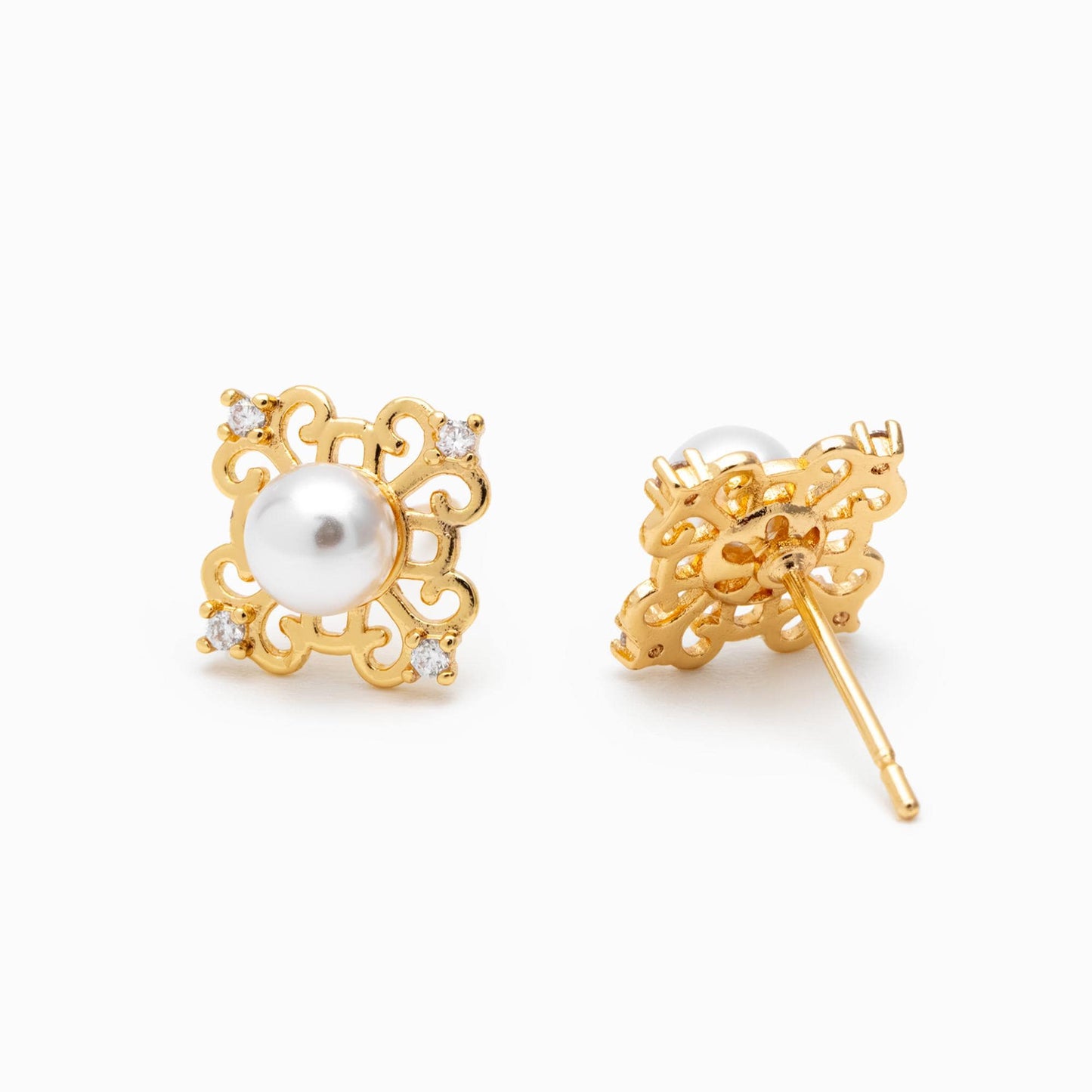 4pcs Glass Pearl Filigree Flower Earrings, Real Gold Plated Brass, Dainty Stud Earrings (#GB-1541)