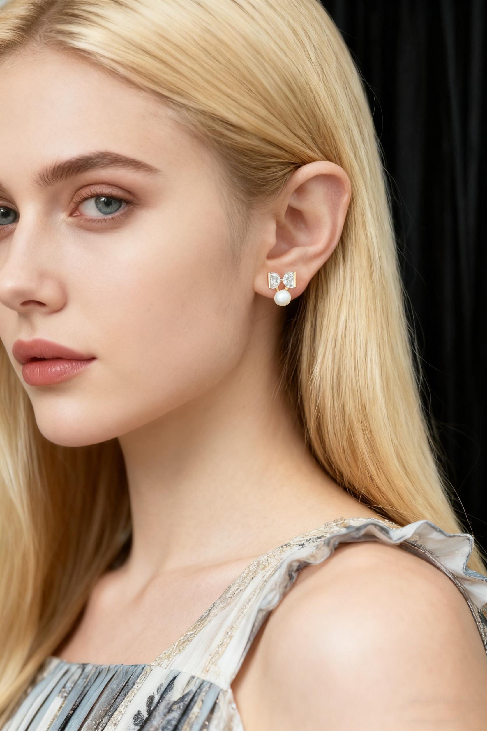 10pcs CZ Pave Bowknot Earring with Pearl Peg, Real Gold Plated Brass Stud Earrings (#GB-1116)