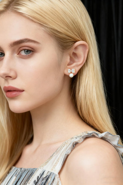 10pcs CZ Pave Bowknot Earring with Pearl Peg, Real Gold Plated Brass Stud Earrings (#GB-1116)