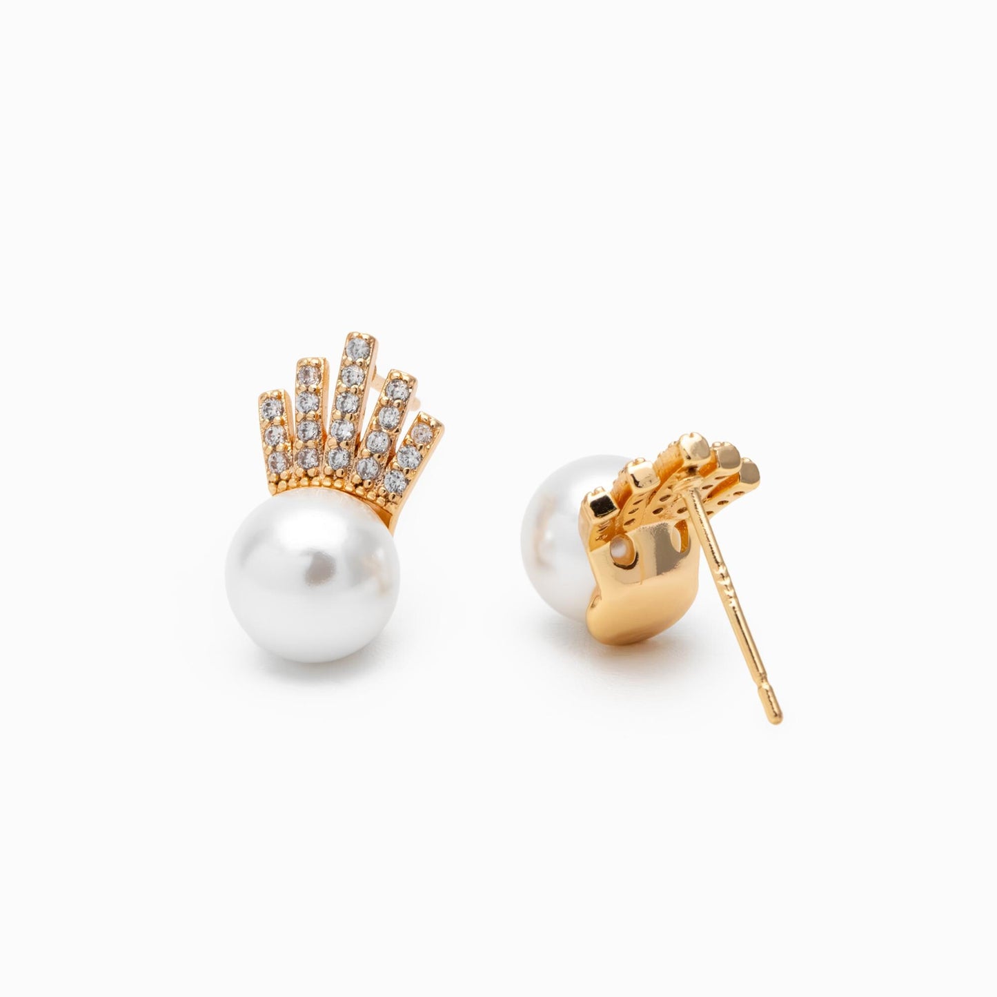 4pcs CZ Pave Gold Ear Posts, Crown Stud Earring, Pearl Peg Mounts, Half Drilled Pearl Settings (#GB-589)