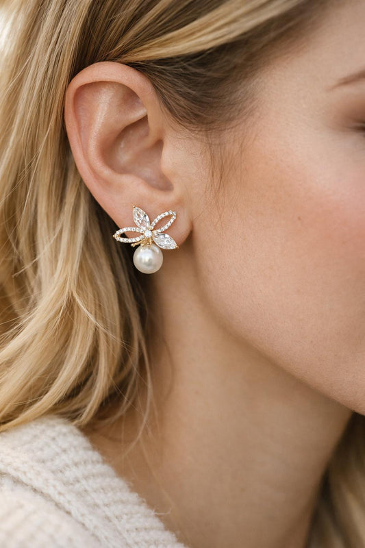 4pcs CZ Pave Gold Flower Ear Posts 15x19mm, Pearl Peg Earring Mounts, Foral Stud Earrings with Peg (GB-3083)