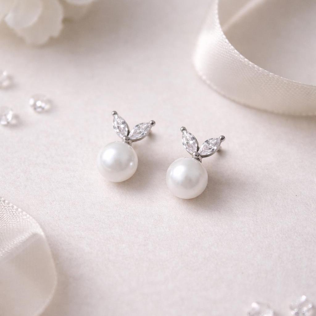 4pcs Gold/ Silver tone CZ Pave Leaf Glass Pearl Earrings (#GB-4341)