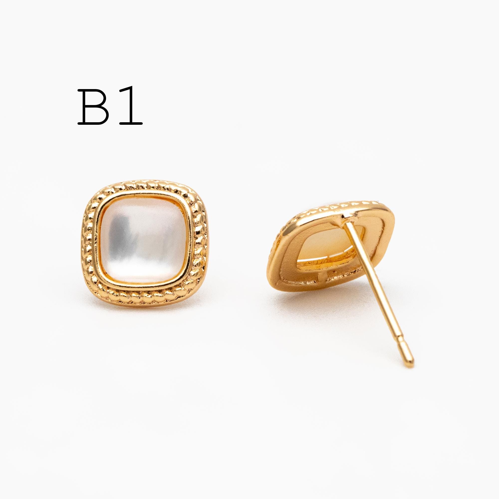 4pcs Shell Pave Round/ Square/ Heart/ Oval Earrings, Gold Plated Brass Geometric Stud Earrings (#GB-4214)