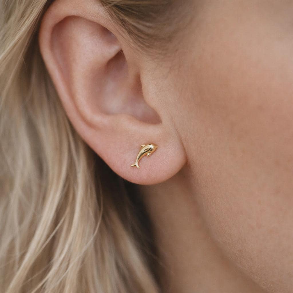 10pcs Gold/ Silver Tone Dolphin Earrings, 18K Real Gold/ Rhodium plated Brass, Cute Ocean Stud Earrings (GB-4460-B)