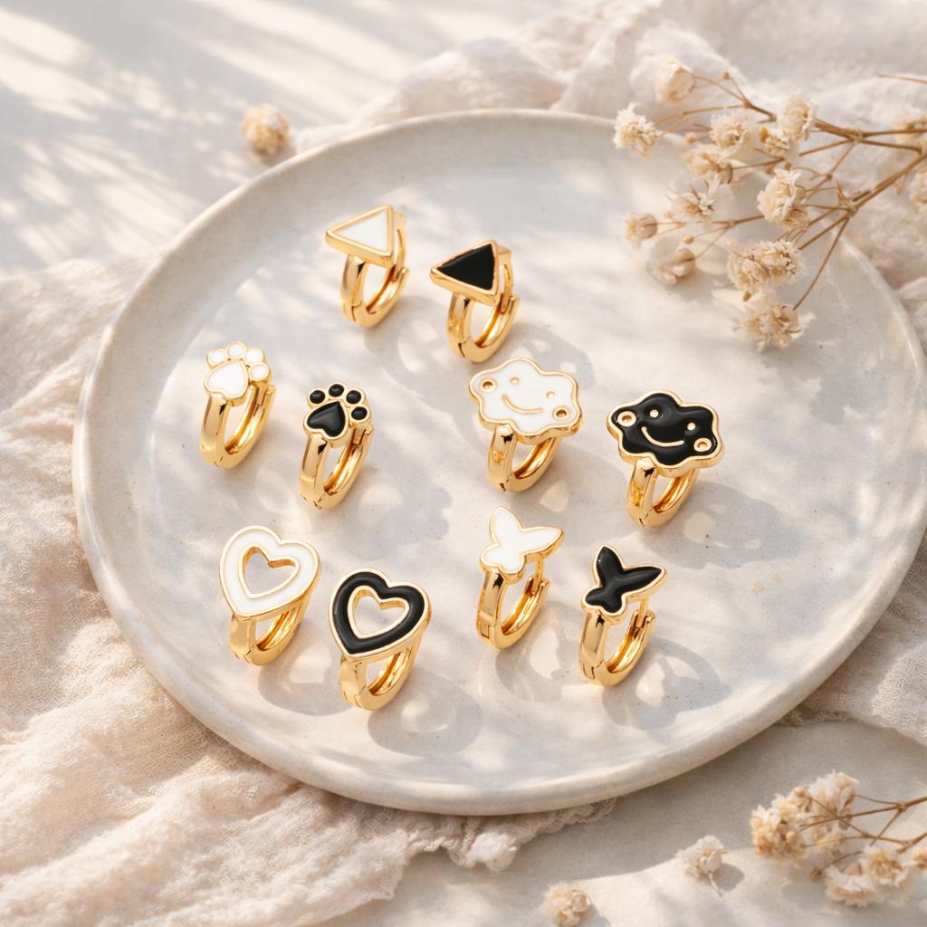 4pcs Gold Enamel Hoop Earrings, 18K Gold plated Brass, Minimalist Huggie Earrings (GB-3839)