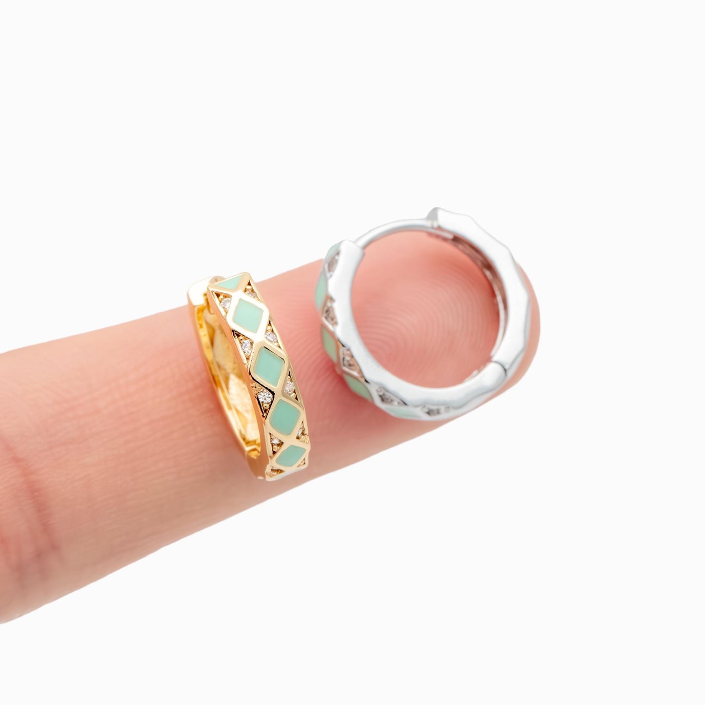 4pcs Mint Enamel Circle Hoop Earrings, 18K Gold/ Rhodium plated Brass, CZ Pave Minimalist Huggies (GB-4750)