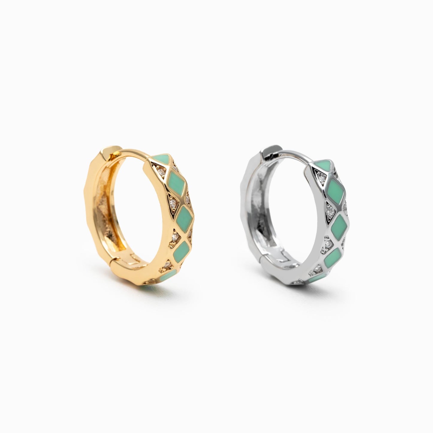 4pcs Mint Enamel Circle Hoop Earrings, 18K Gold/ Rhodium plated Brass, CZ Pave Minimalist Huggies (GB-4750)