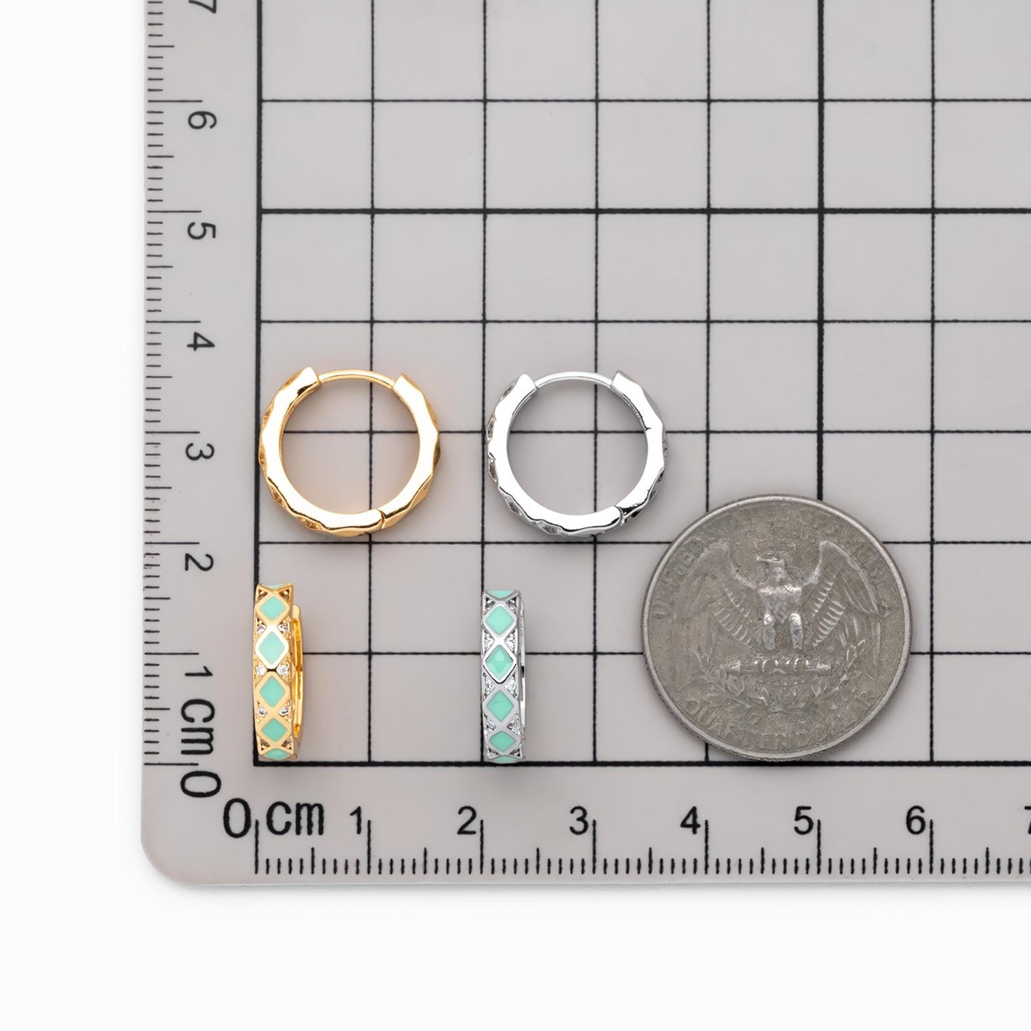 4pcs Mint Enamel Circle Hoop Earrings, 18K Gold/ Rhodium plated Brass, CZ Pave Minimalist Huggies (GB-4750)