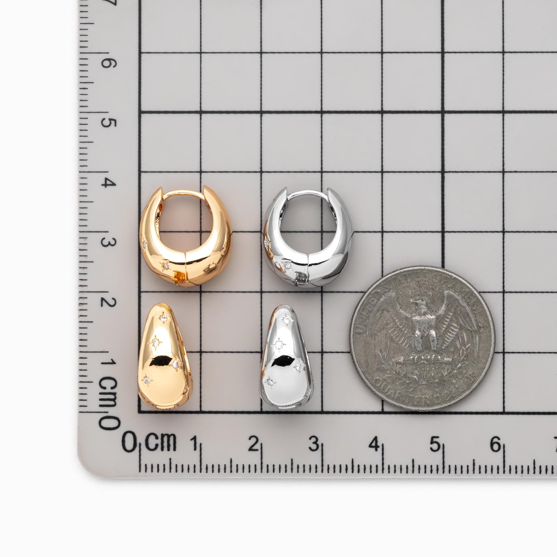 4pcs Gold/ Silver tone Oval Hoop Earrings, 18K Real Gold/ Rhodium plated Brass, CZ Pave Huggie Earrings (GB-4751)