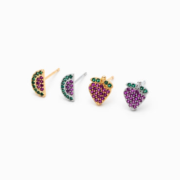 10pcs CZ Pave Gold/ Silver Watermelon Grape Earrings, Gold/ Rhodium Plated Brass, Fruits Stud Earrings (GB-4763)