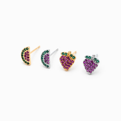 10pcs CZ Pave Gold/ Silver Watermelon Grape Earrings, Gold/ Rhodium Plated Brass, Fruits Stud Earrings (GB-4763)