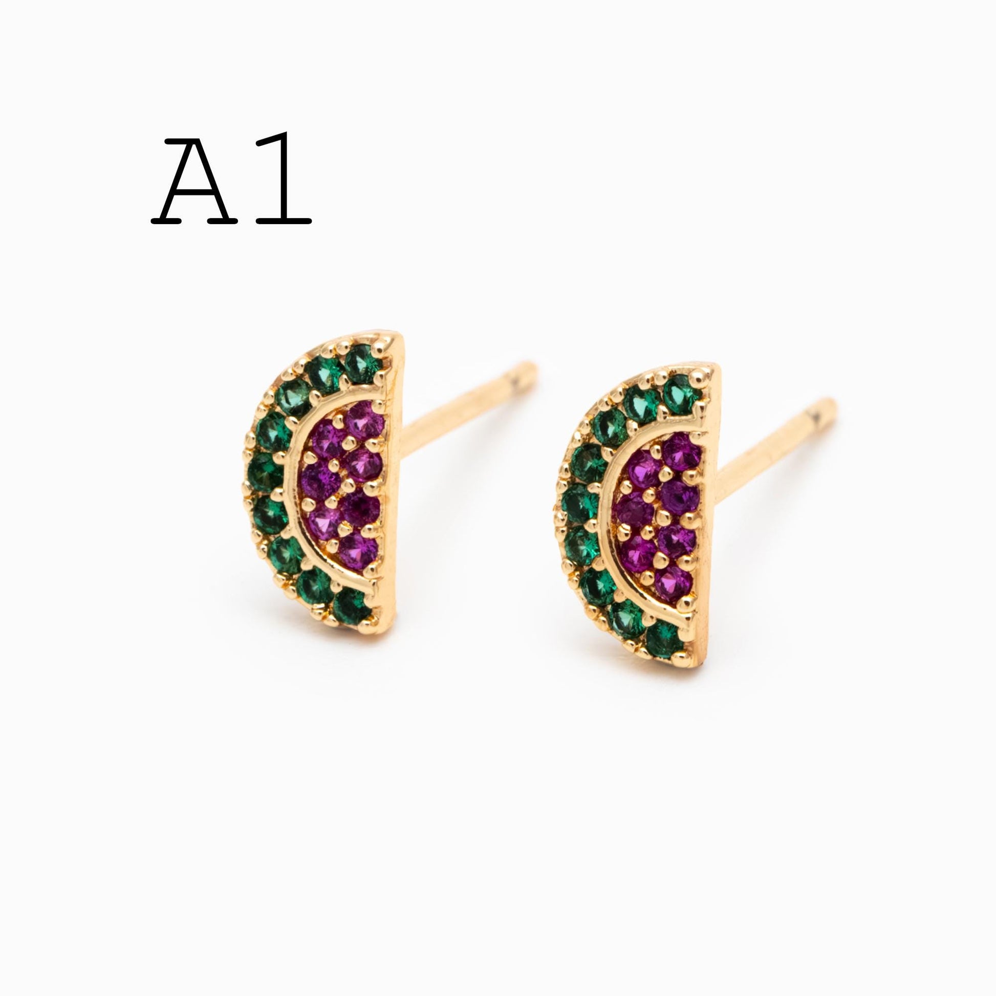 10pcs CZ Pave Gold/ Silver Watermelon Grape Earrings, Gold/ Rhodium Plated Brass, Fruits Stud Earrings (GB-4763)