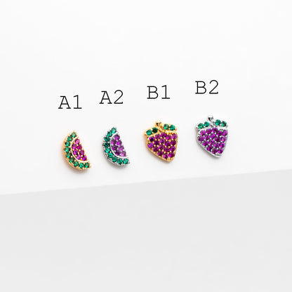 10pcs CZ Pave Gold/ Silver Watermelon Grape Earrings, Gold/ Rhodium Plated Brass, Fruits Stud Earrings (GB-4763)