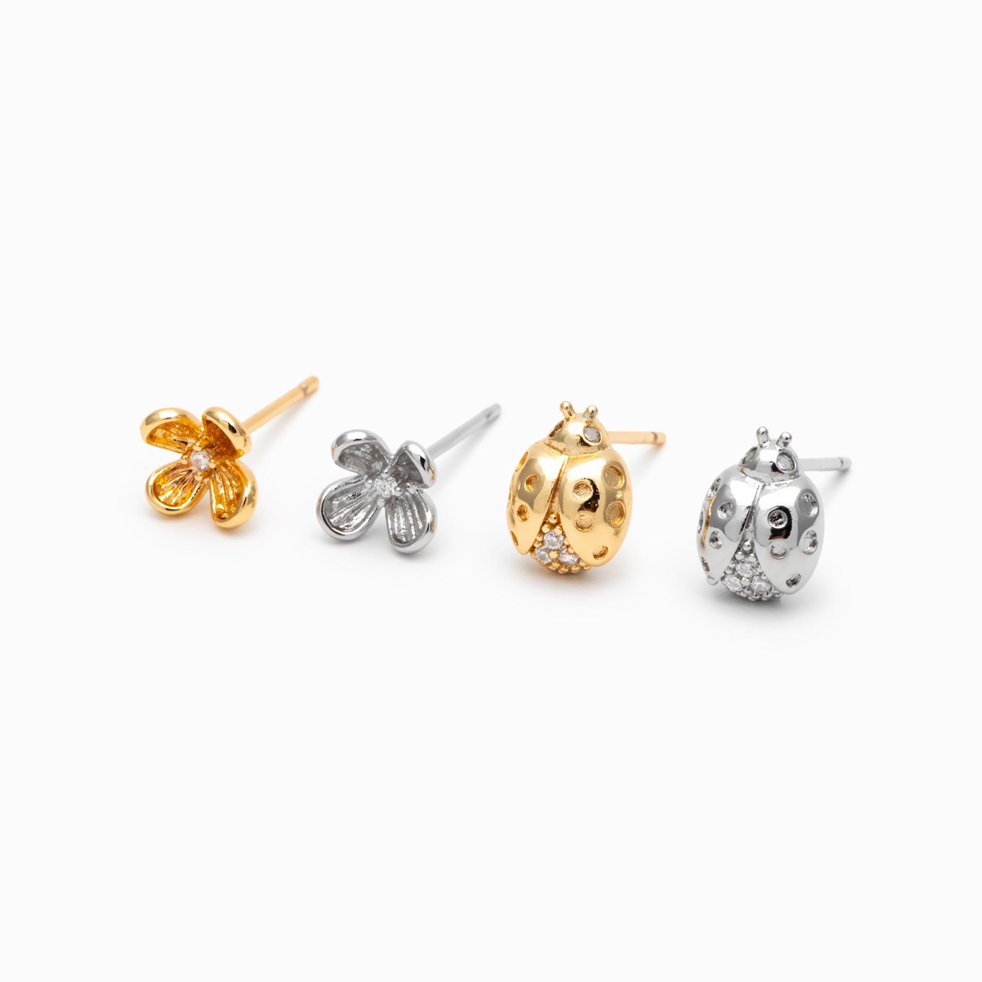 10pcs CZ Pave Flower/ Ladybug Earrings, Gold/ Rhodium plated Brass Dainty Stud Earrings (GB-4765)