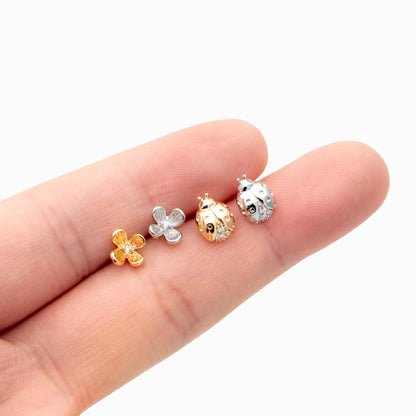 10pcs CZ Pave Flower/ Ladybug Earrings, Gold/ Rhodium plated Brass Dainty Stud Earrings (GB-4765)