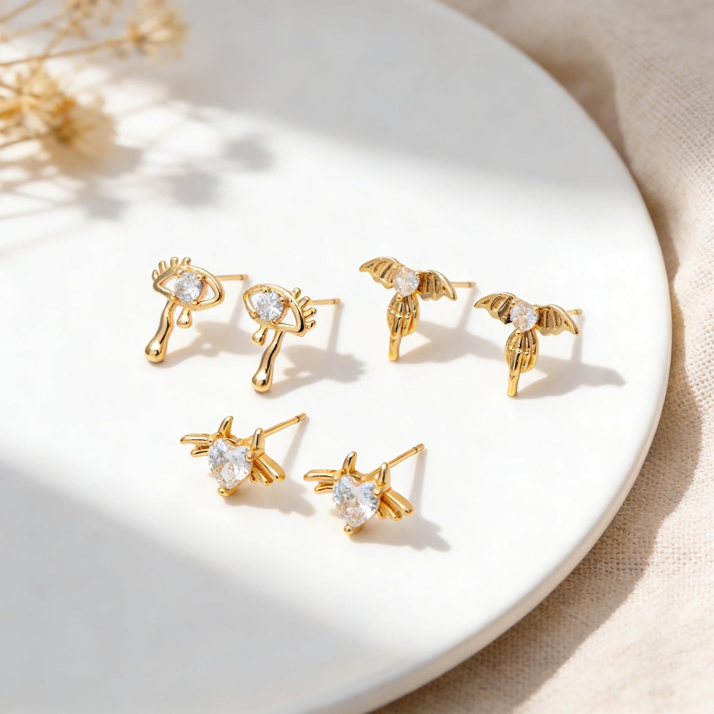 10pcs CZ Pave Gold/ Silver Heart Wing and Eye Earrings, 18K Gold/ Rhodium Plated Brass, Dainty Stud Earrings (GB-4766)