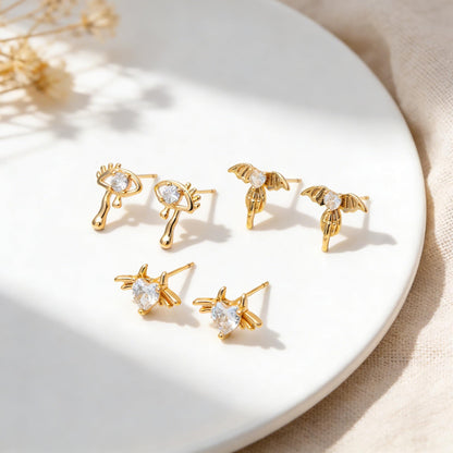 10pcs CZ Pave Gold/ Silver Heart Wing and Eye Earrings, 18K Gold/ Rhodium Plated Brass, Dainty Stud Earrings (GB-4766)