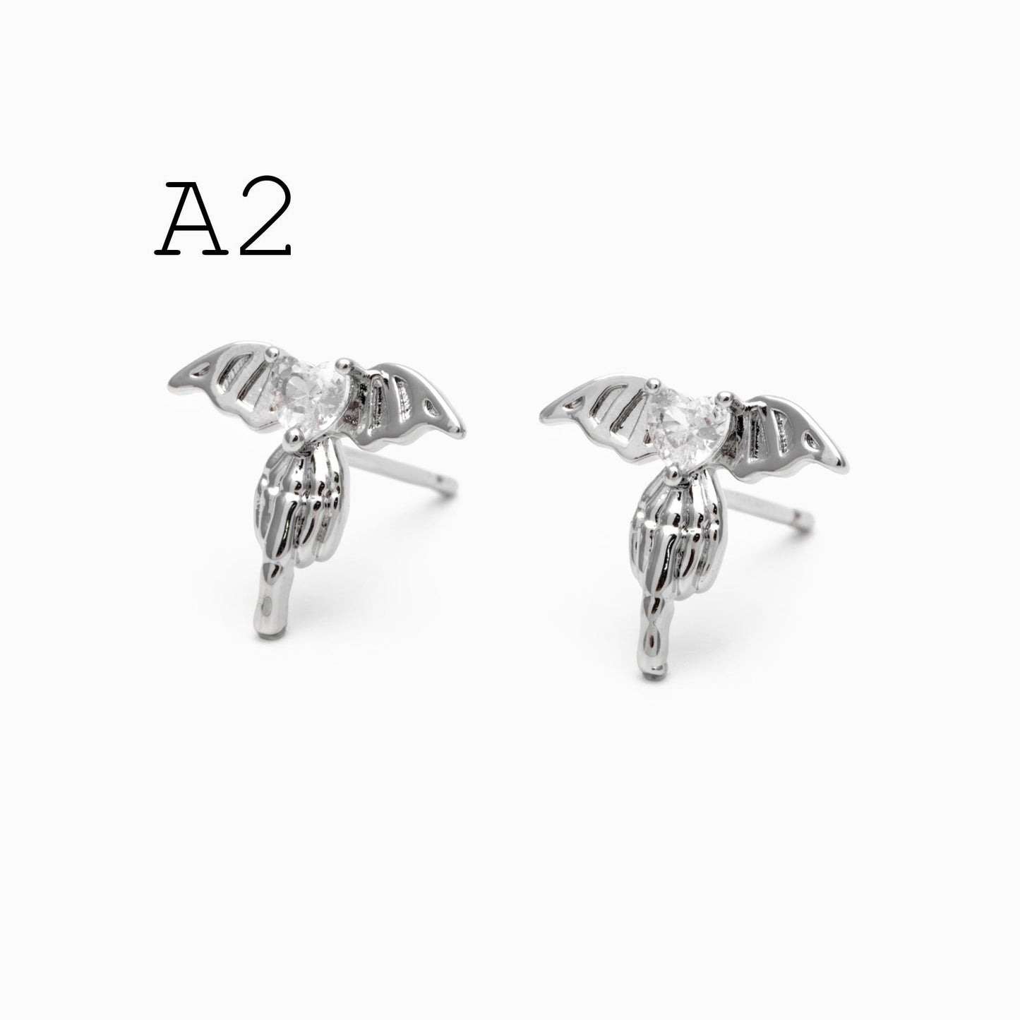 10pcs CZ Pave Gold/ Silver Heart Wing and Eye Earrings, 18K Gold/ Rhodium Plated Brass, Dainty Stud Earrings (GB-4766)