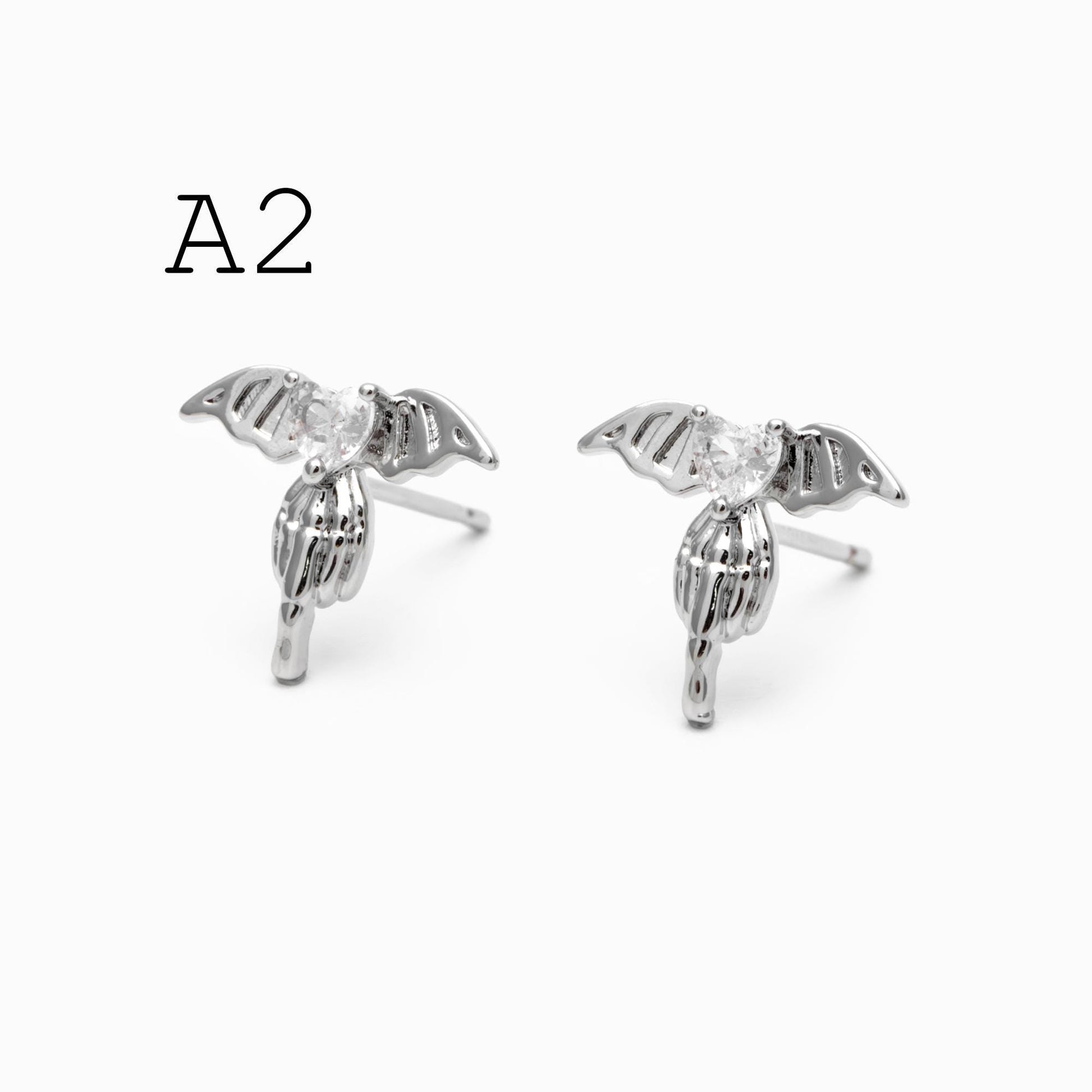 10pcs CZ Pave Gold/ Silver Heart Wing and Eye Earrings, 18K Gold/ Rhodium Plated Brass, Dainty Stud Earrings (GB-4766)