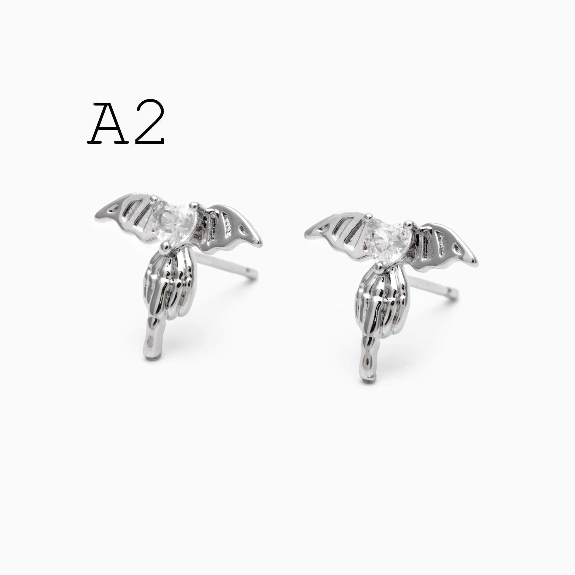 10pcs CZ Pave Gold/ Silver Heart Wing and Eye Earrings, 18K Gold/ Rhodium Plated Brass, Dainty Stud Earrings (GB-4766)