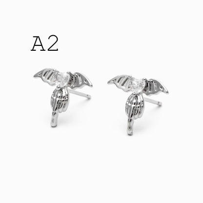 10pcs CZ Pave Gold/ Silver Heart Wing and Eye Earrings, 18K Gold/ Rhodium Plated Brass, Dainty Stud Earrings (GB-4766)