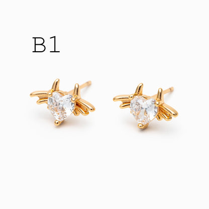 10pcs CZ Pave Gold/ Silver Heart Wing and Eye Earrings, 18K Gold/ Rhodium Plated Brass, Dainty Stud Earrings (GB-4766)
