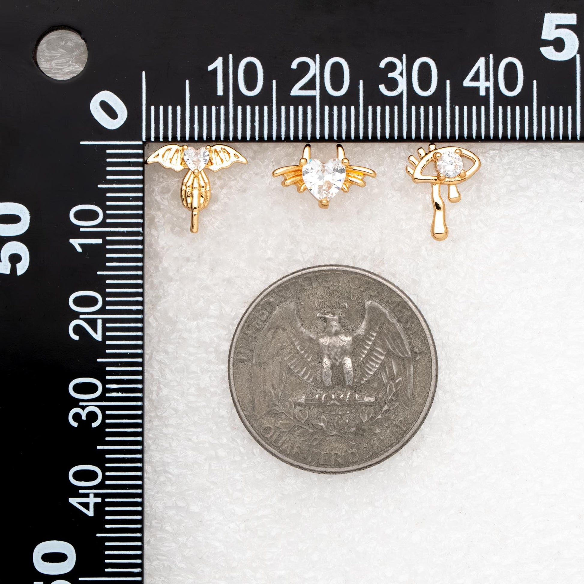 10pcs CZ Pave Gold/ Silver Heart Wing and Eye Earrings, 18K Gold/ Rhodium Plated Brass, Dainty Stud Earrings (GB-4766)