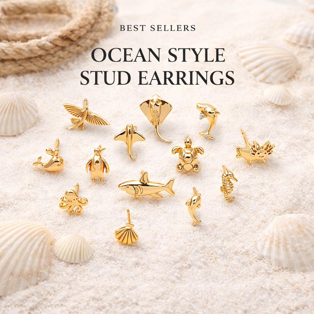 10 pieces- Ocean Theme Gold Stud Earrings, Sea Animal Studs, Dolphin Turtle Shell Shark Earrings, Wholesale Jewelry Supplies (GB-4460)
