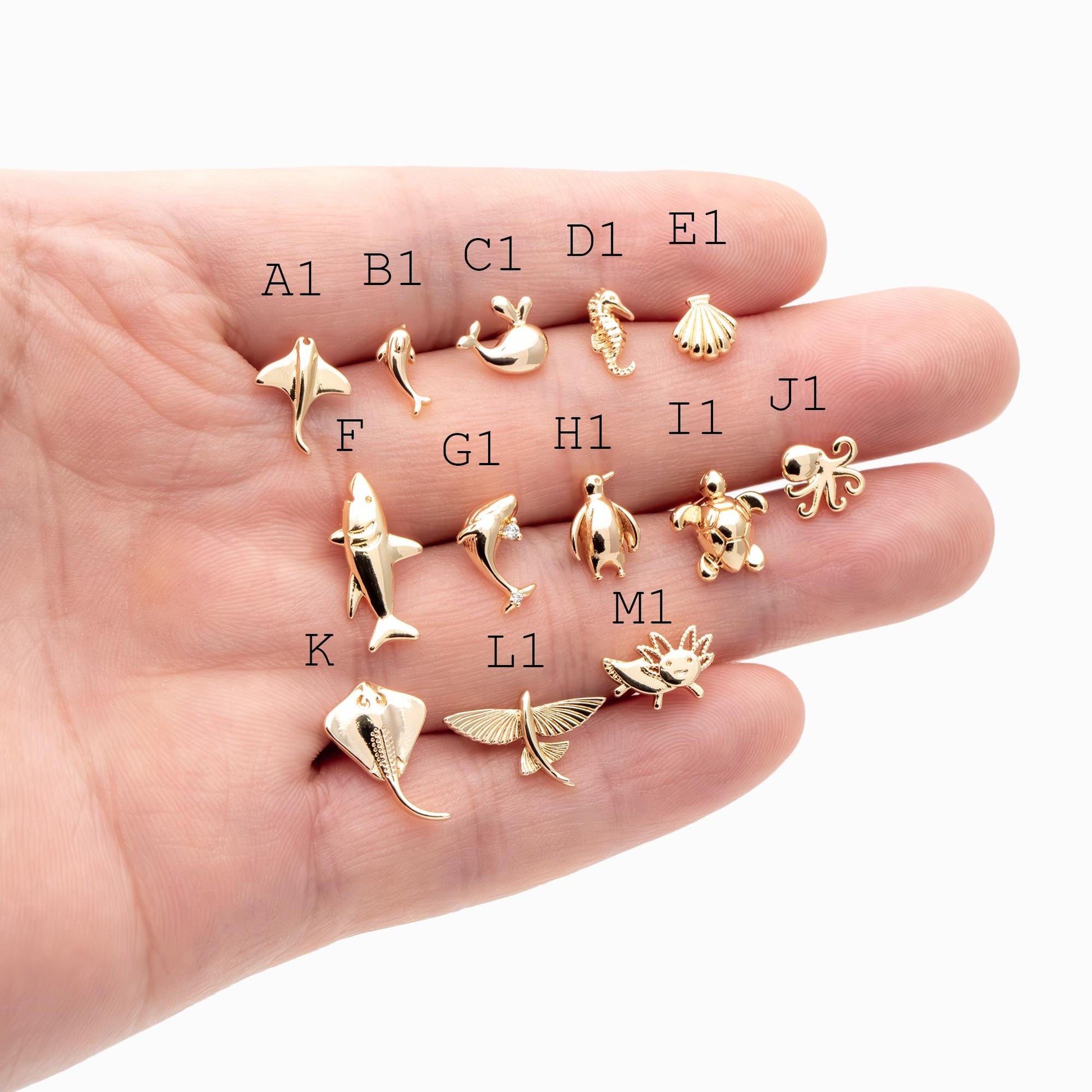 10 pieces- Ocean Theme Gold Stud Earrings, Sea Animal Studs, Dolphin Turtle Shell Shark Earrings, Wholesale Jewelry Supplies (GB-4460)
