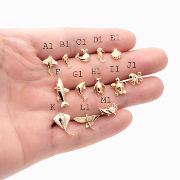 10 pieces- Ocean Theme Gold Stud Earrings, Sea Animal Studs, Dolphin Turtle Shell Shark Earrings, Wholesale Jewelry Supplies (GB-4460)