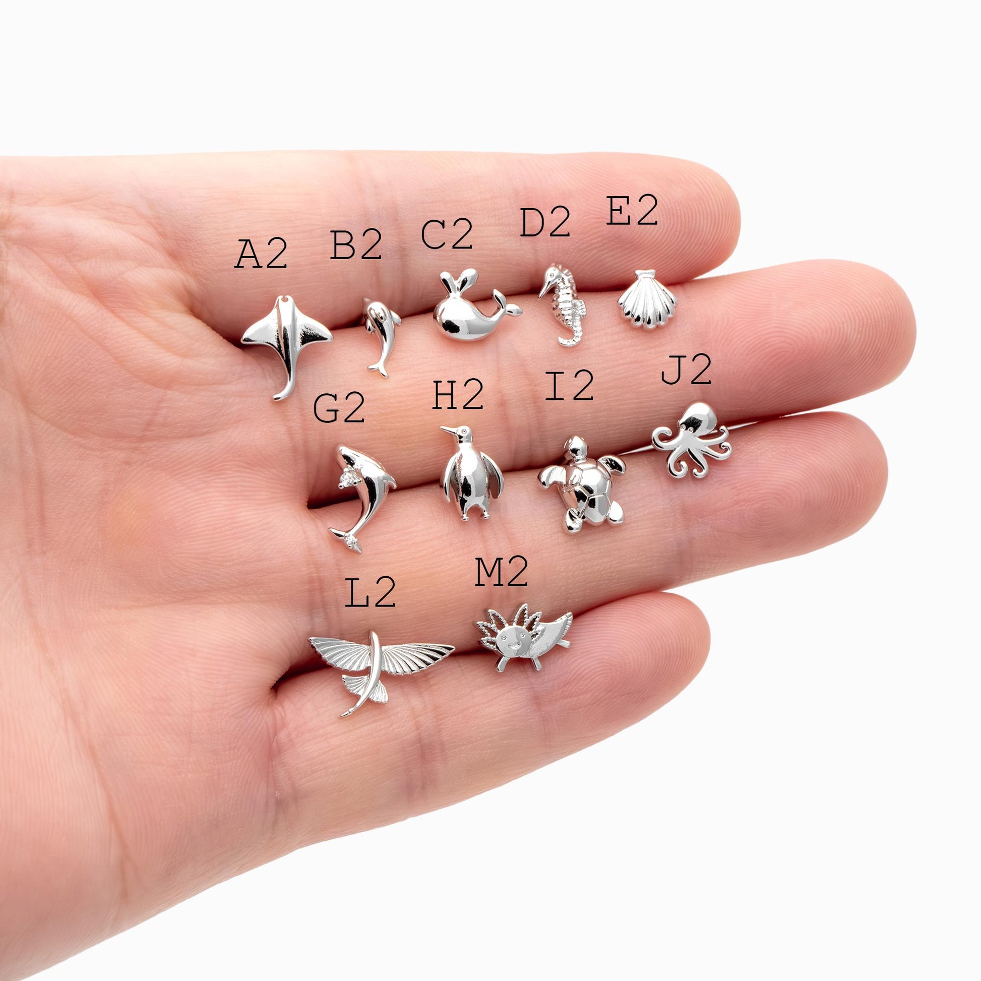 10 pieces- Ocean Theme Gold Stud Earrings, Sea Animal Studs, Dolphin Turtle Shell Shark Earrings, Wholesale Jewelry Supplies (GB-4460)