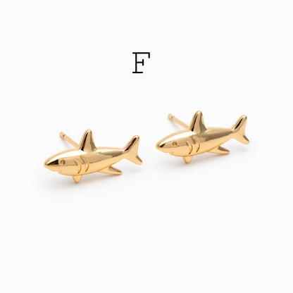 10 pieces- Ocean Theme Gold Stud Earrings, Sea Animal Studs, Dolphin Turtle Shell Shark Earrings, Wholesale Jewelry Supplies (GB-4460)