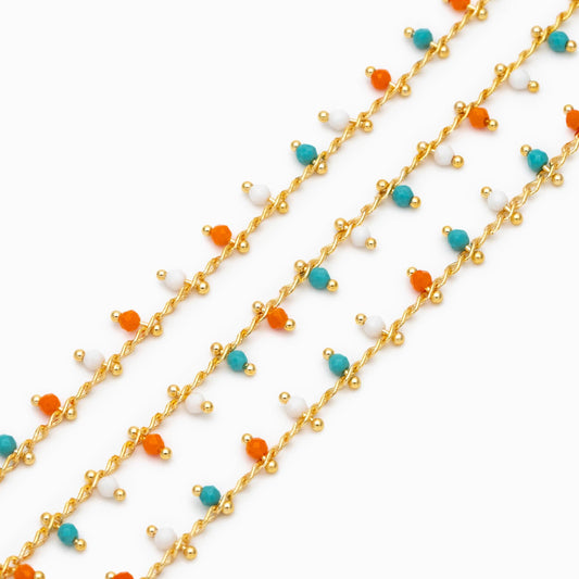 Gold Mix Color Beaded Chain, Curb Chain with 2mm Round Beads (#LK-622)/ 1 Meter=3.3ft