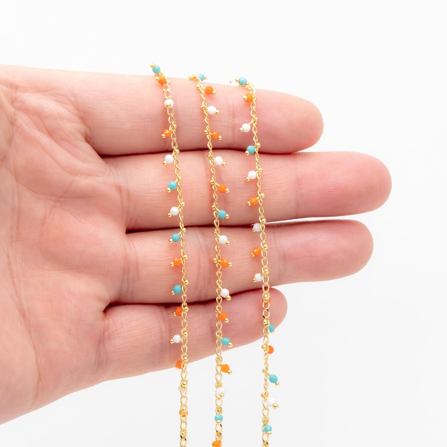 Gold Mix Color Beaded Chain, Curb Chain with 2mm Round Beads (#LK-622)/ 1 Meter=3.3ft