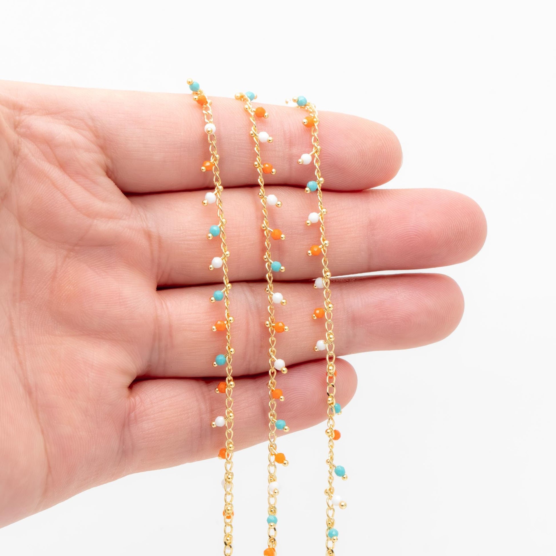 Gold Mix Color Beaded Chain, Curb Chain with 2mm Round Beads (#LK-622)/ 1 Meter=3.3ft