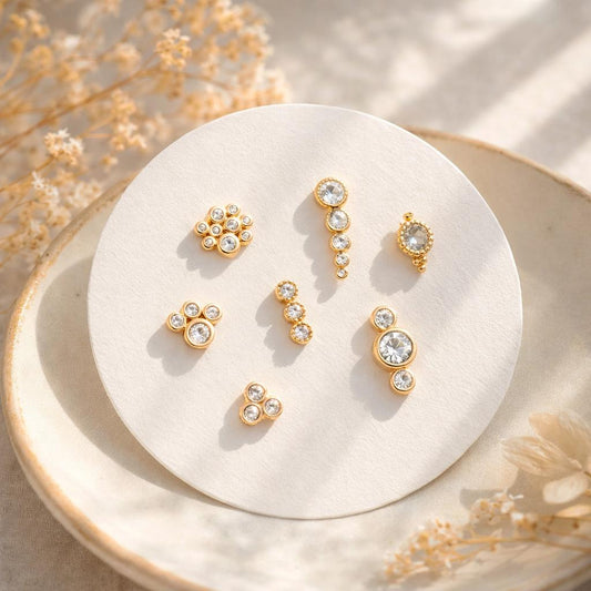 4pcs CZ Pave Bubble Cluster Earrings 13x4mm, 18K Gold Plated Brass, Dainty Stud Earrings (GB-4455)