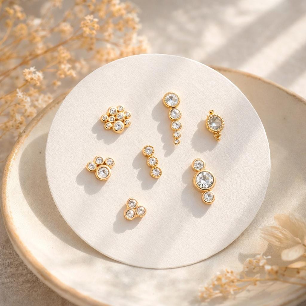 4pcs CZ Pave Round Cluster Earrings , 18K Gold Plated Brass, Dainty Stud Earrings (GB-3671)