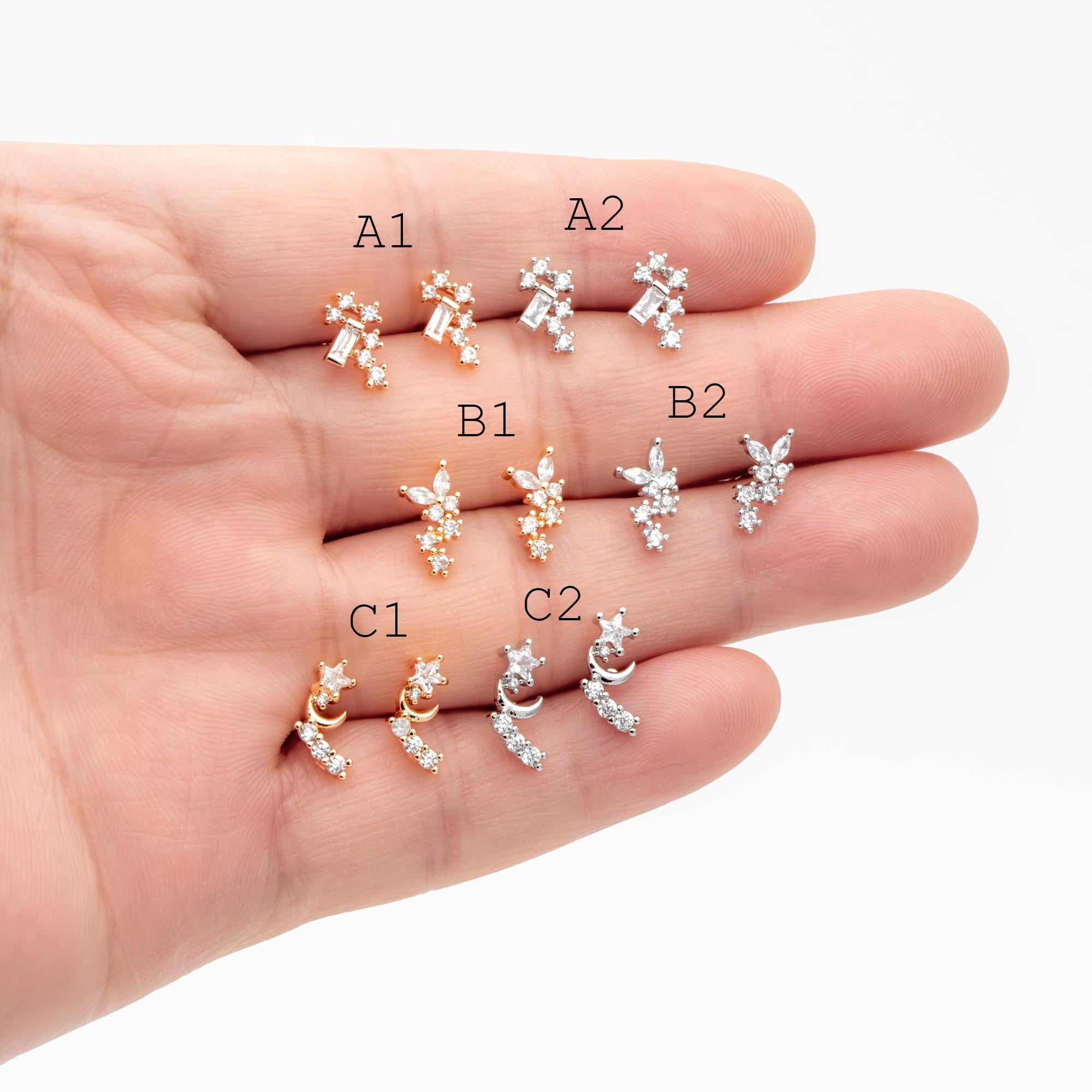 10pcs Gold/ Silver Tone CZ Cluster Earrings, Gold/ Rhodium Plated Brass, Dainty Stud Earrings (GB-4335)