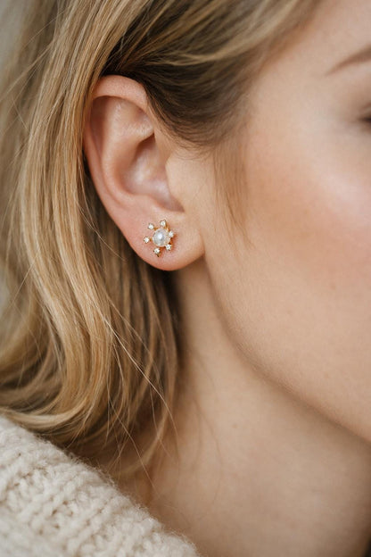 10pcs CZ Pave Gold Ear Posts, Floral Stud Earrings with Loop, Fit 6mm Pearls (GB-630)