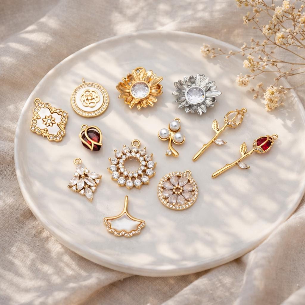 4pcs CZ Pave Flower Charms, 18K Real Gold/ Rhodium plated Brass, Flower Earring Pendants (GB-3579)